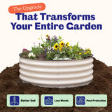 An elevated round raised garden bed filled with sunflowers and other green plants, shown sitting on top of a pile of soil against a light background. Large text at the top reads 'The Upgrade That Transforms Your Entire Garden,' and three benefit boxes at the bottom say 'Better Soil,' 'Less Weeds,' and 'Pest Protection.