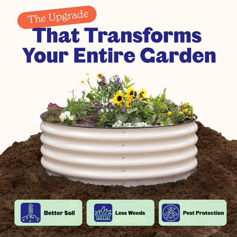 An elevated round raised garden bed filled with sunflowers and other green plants, shown sitting on top of a pile of soil against a light background. Large text at the top reads 'The Upgrade That Transforms Your Entire Garden,' and three benefit boxes at the bottom say 'Better Soil,' 'Less Weeds,' and 'Pest Protection.