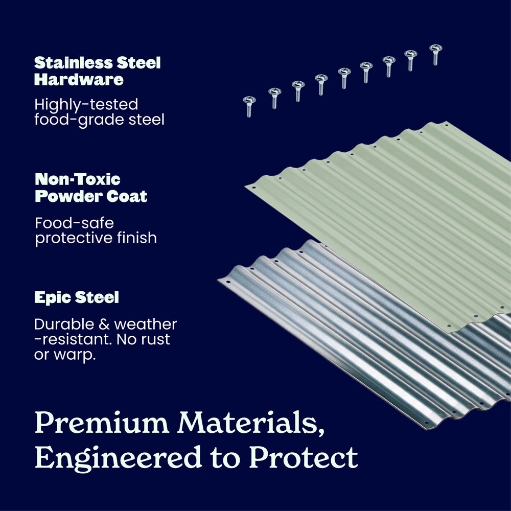 Corrugated steel roofing panel product graphic on a dark blue background with text callouts about stainless steel hardware, non-toxic powder coat finish, Epic Steel durability, and premium materials engineered to protect.