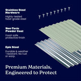 Corrugated steel roofing panel product graphic on a dark blue background with text callouts about stainless steel hardware, non-toxic powder coat finish, Epic Steel durability, and premium materials engineered to protect.