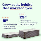 Promotional graphic for raised garden beds showing two stacks of large epic gardening metal raised beds on a pale green background. Text highlights features such as low profile gardening at 15 inches and no-bend 29-inch depth, with bullet points about suitability for deep-rooted crops, soil volume, and kid-friendly access.