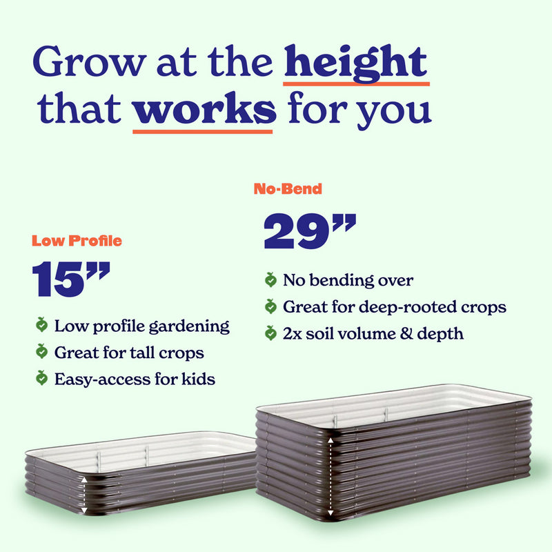Promotional graphic for raised garden beds showing two stacks of large epic gardening metal raised beds on a pale green background. Text highlights features such as low profile gardening at 15 inches and no-bend 29-inch depth, with bullet points about suitability for deep-rooted crops, soil volume, and kid-friendly access.
