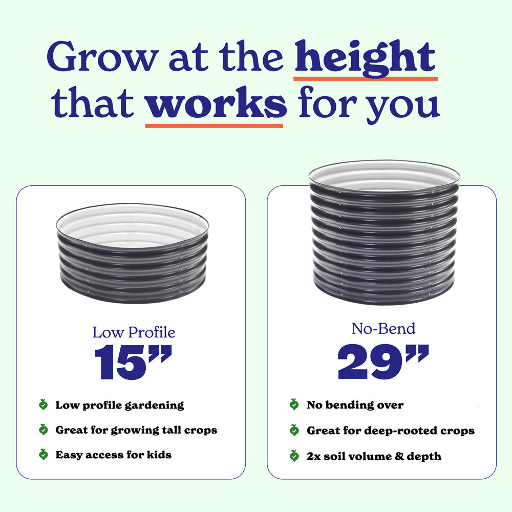 Comparison of round 15-inch tall and 29-inch tall metal raised beds. The image features a light mint green background with blue and orange text highlighting key benefits like low profile gardening, growing tall crops, and easy access for kids.