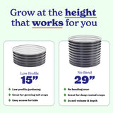 Comparison of round 15-inch tall and 29-inch tall metal raised beds. The image features a light mint green background with blue and orange text highlighting key benefits like low profile gardening, growing tall crops, and easy access for kids.