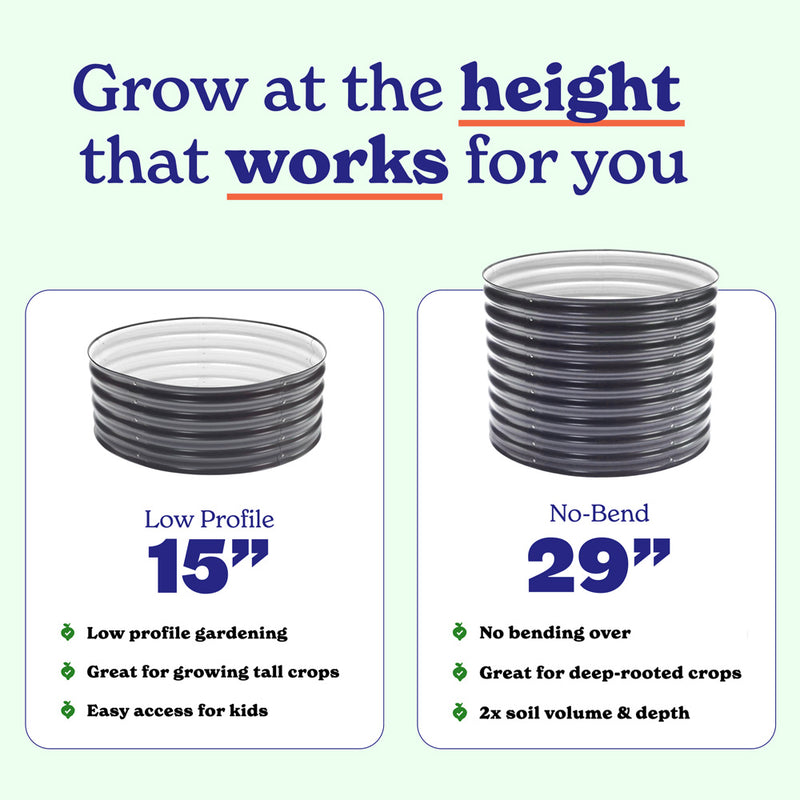 Comparison of round 15-inch tall and 29-inch tall metal raised beds. The image features a light mint green background with blue and orange text highlighting key benefits like low profile gardening, growing tall crops, and easy access for kids.