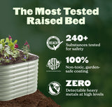 A metal garden bed with soil and small plants in it, shown on a dark green promotional background with text highlighting safety and certification claims.