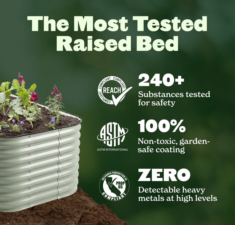 A metal garden bed with soil and small plants in it, shown on a dark green promotional background with text highlighting safety and certification claims.