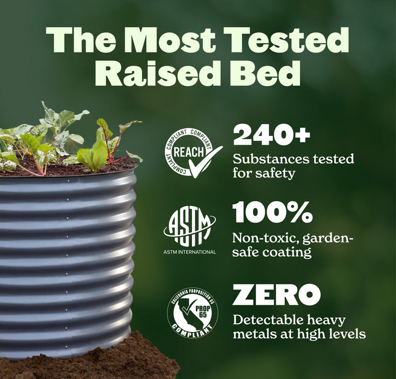A raised garden bed made of corrugated metal, shown with small green plants growing in it and soil at the base. Large text on a dark green background reads 'The Most Tested Raised Bed' with callouts for safety testing, non-toxic coating, and zero detectable heavy metals.