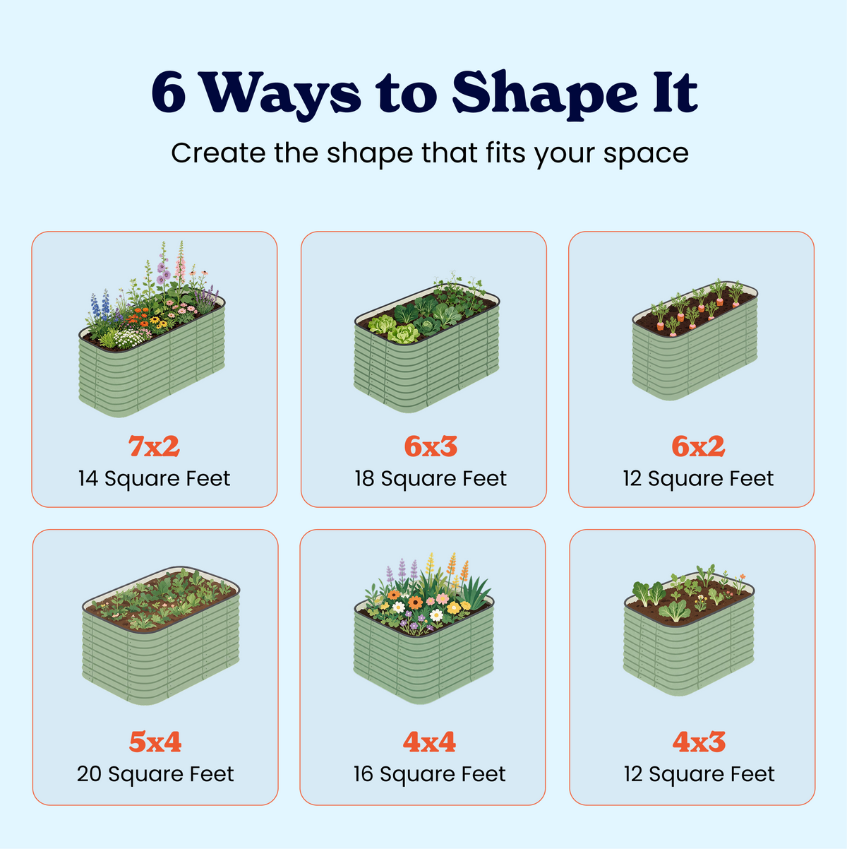 An informational graphic of the 15-inch medium titled '6 Ways to Shape It' showing six illustrated rectangular raised garden beds with different dimensions and plant examples, including size square-foot labels such as 7x2, 6x3, 6x2, 5x4, 4x4, and 4x3 on a light blue background.