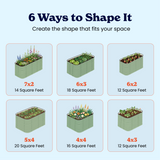 An informational graphic of the 15-inch medium titled '6 Ways to Shape It' showing six illustrated rectangular raised garden beds with different dimensions and plant examples, including size square-foot labels such as 7x2, 6x3, 6x2, 5x4, 4x4, and 4x3 on a light blue background.