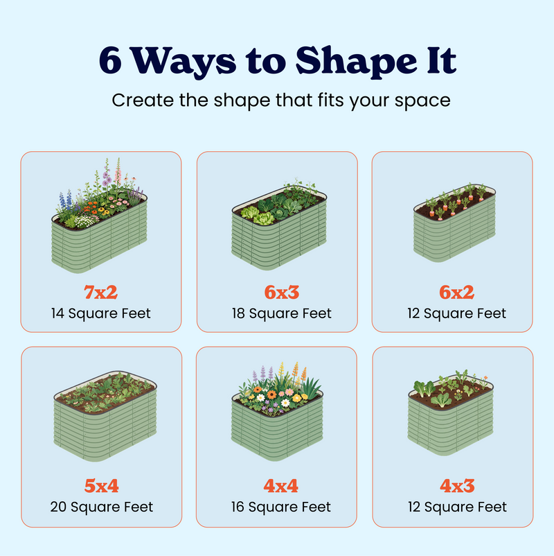 An informational graphic of the 15-inch medium titled '6 Ways to Shape It' showing six illustrated rectangular raised garden beds with different dimensions and plant examples, including size square-foot labels such as 7x2, 6x3, 6x2, 5x4, 4x4, and 4x3 on a light blue background.