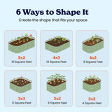 An informational graphic of the small raised garden beds titled '6 Ways to Shape It' showing six illustrated rectangular raised garden beds with different dimensions and plant examples, including size square-foot labels such as 5x2, 4x3, 4x2, 3x3, 3x2, and 2x2 on a light blue background.