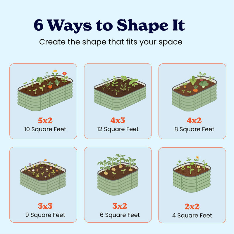 An informational graphic of the small raised garden beds titled '6 Ways to Shape It' showing six illustrated rectangular raised garden beds with different dimensions and plant examples, including size square-foot labels such as 5x2, 4x3, 4x2, 3x3, 3x2, and 2x2 on a light blue background.