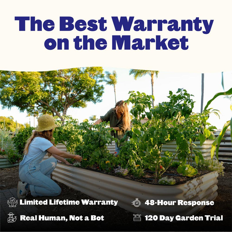 Promotional graphic with the headline 'The Best Warranty on the Market' above a photo of two people gardening in raised garden beds. Text at the bottom reads 'Limited Lifetime Warranty,' '48-Hour Response,' 'Real Human, Not a Bot,' and '120 Day Garden Trial.