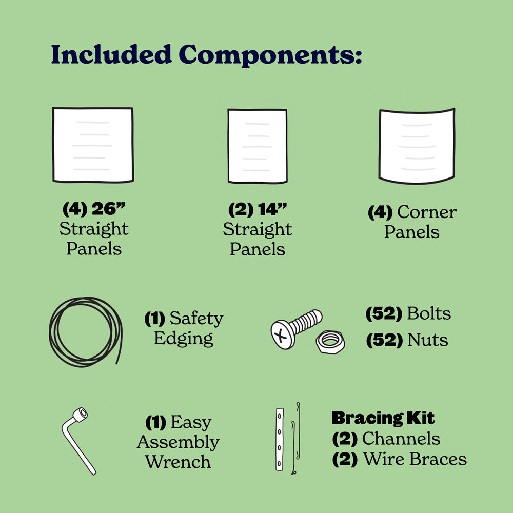 15-inch medium metal raised garden bed informational graphic on a light green background titled 'Included Components:' showing line drawings and labels for fence panels, safety edging, bolts and nuts, an assembly wrench, and a bracing kit.