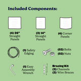 15-inch medium metal raised garden bed informational graphic on a light green background titled 'Included Components:' showing line drawings and labels for fence panels, safety edging, bolts and nuts, an assembly wrench, and a bracing kit.