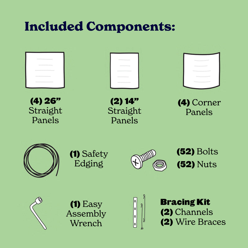 15-inch medium metal raised garden bed informational graphic on a light green background titled 'Included Components:' showing line drawings and labels for fence panels, safety edging, bolts and nuts, an assembly wrench, and a bracing kit.