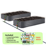Two slate gray corrugated raised garden beds with soil inside, connected by a black hose of the epic irrigation system on a white background. A light green banner at the bottom lists included items: 2 15-inch tall large raised beds, 1 starter kit, 1 expansion kit, and hose connection kit, with a small seed packet collage and the words 'FREE SEED'.