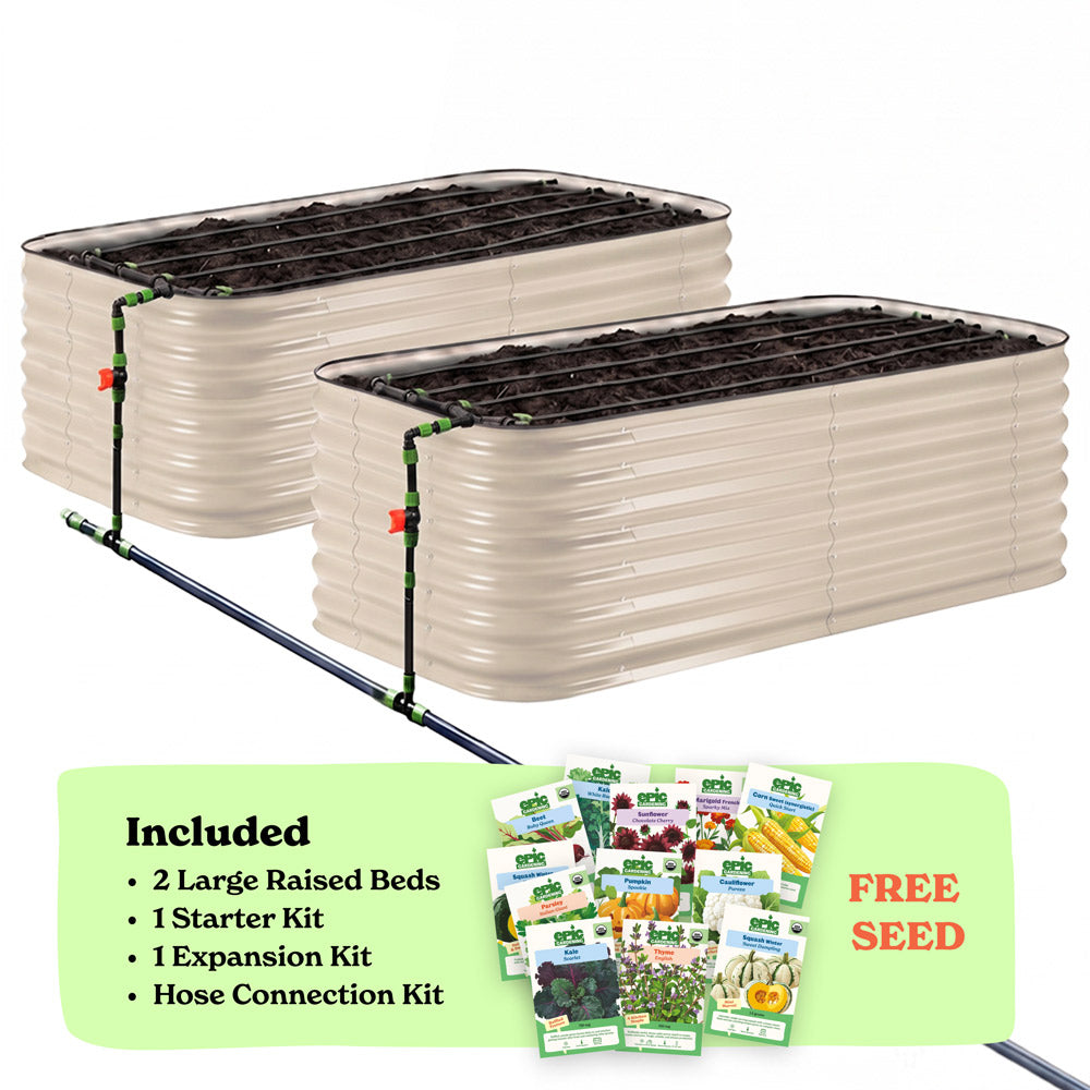 Two light clay corrugated raised garden beds with soil inside, connected by a black hose of the epic irrigation system on a white background. A light green banner at the bottom lists included items: 2 29-inch tall large raised beds, 1 starter kit, 1 expansion kit, and hose connection kit, with a small seed packet collage and the words 'FREE SEED'.
