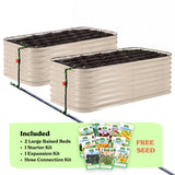 Two light clay corrugated raised garden beds with soil inside, connected by a black hose of the epic irrigation system on a white background. A light green banner at the bottom lists included items: 2 29-inch tall large raised beds, 1 starter kit, 1 expansion kit, and hose connection kit, with a small seed packet collage and the words 'FREE SEED'.