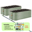 Two mist green corrugated raised garden beds with soil inside, connected by a black hose of the epic irrigation system on a white background. A light green banner at the bottom lists included items: 2 29-inch tall large raised beds, 1 starter kit, 1 expansion kit, and hose connection kit, with a small seed packet collage and the words 'FREE SEED'.