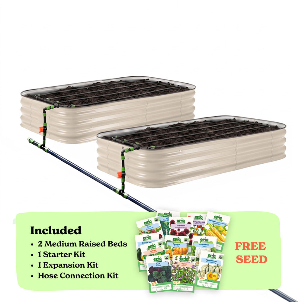 Two light clay corrugated raised garden beds with soil inside, connected by a black hose of the epic irrigation system on a white background. A light green banner at the bottom lists included items: 2 15-inch tall medium raised beds, 1 starter kit, 1 expansion kit, and hose connection kit, with a small seed packet collage and the words 'FREE SEED'.