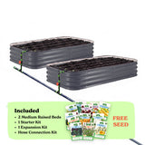 Two slate gray corrugated raised garden beds with soil inside, connected by a black hose of the epic irrigation system on a white background. A light green banner at the bottom lists included items: 2 15-inch tall medium raised beds, 1 starter kit, 1 expansion kit, and hose connection kit, with a small seed packet collage and the words 'FREE SEED'.