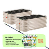 Two light clay corrugated raised garden beds with soil inside, connected by a black hose of the epic irrigation system on a white background. A light green banner at the bottom lists included items: 2 29-inch tall medium raised beds, 1 starter kit, 1 expansion kit, and hose connection kit, with a small seed packet collage and the words 'FREE SEED'.