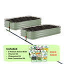 Two green corrugated raised garden beds with soil inside, connected by a black hose of the epic irrigation system on a white background. A light green banner at the bottom lists included items: 2 15-inch tall medium raised beds, 1 starter kit, 1 expansion kit, and hose connection kit, with a small seed packet collage and the words 'FREE SEED'.
