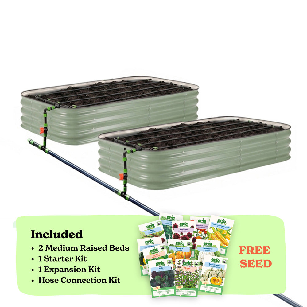 Two green corrugated raised garden beds with soil inside, connected by a black hose of the epic irrigation system on a white background. A light green banner at the bottom lists included items: 2 15-inch tall medium raised beds, 1 starter kit, 1 expansion kit, and hose connection kit, with a small seed packet collage and the words 'FREE SEED'.