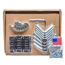 Open cardboard box containing an Epic Cover Frame Kit with metal V-shaped brackets, curved corner clamps, black plastic clips, an Allen wrench, a bagged set of nuts and bolts, and a "Made in U.S.A." flag sticker.