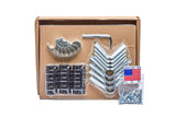 Open cardboard box containing an Epic Cover Frame Kit with metal V-shaped brackets, curved corner clamps, black plastic clips, an Allen wrench, a bagged set of nuts and bolts, and a 