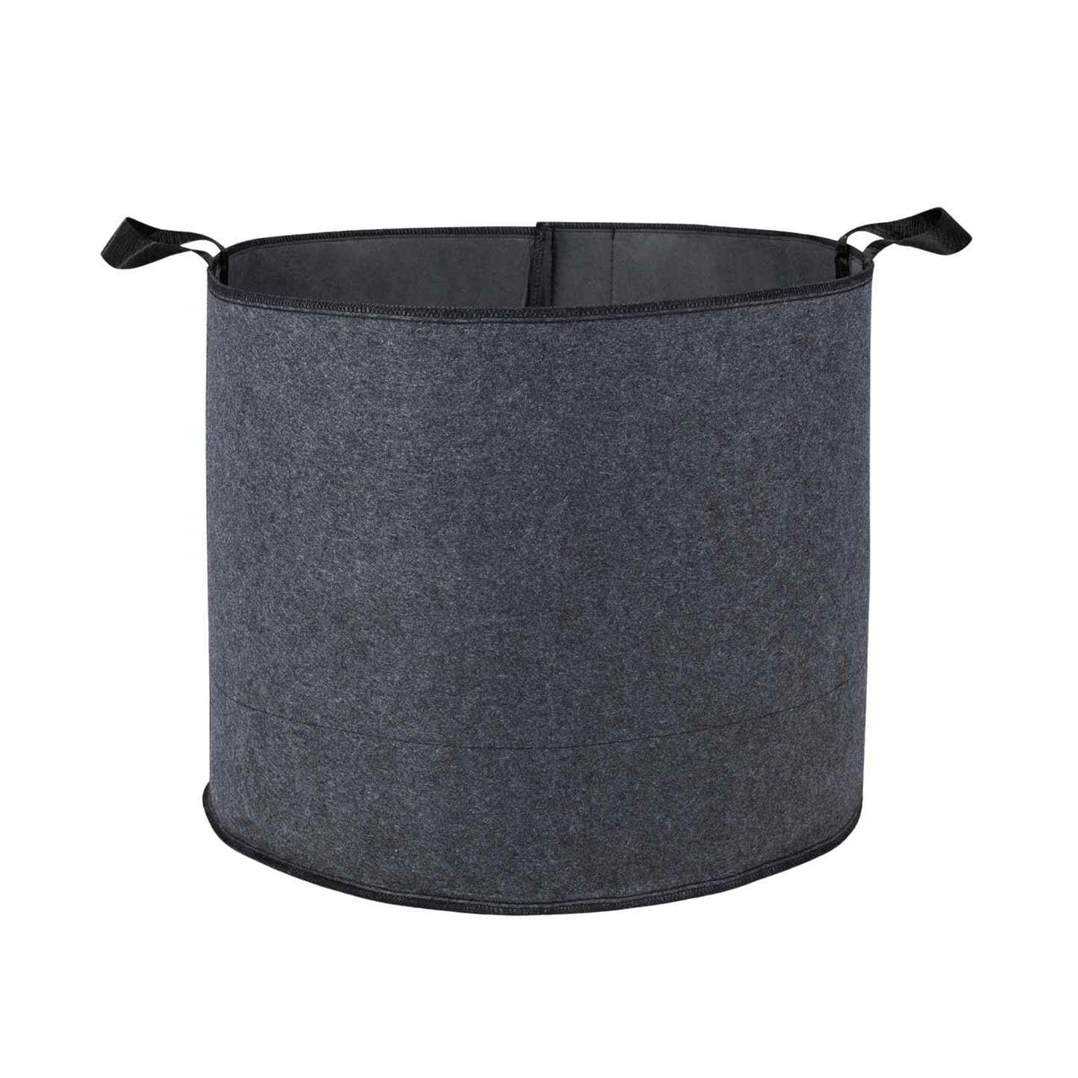 Empty round fabric grow bag in dark grey felt-like material with two black carrying handles and reinforced black stitching along the rim and base, shown against a plain white background.