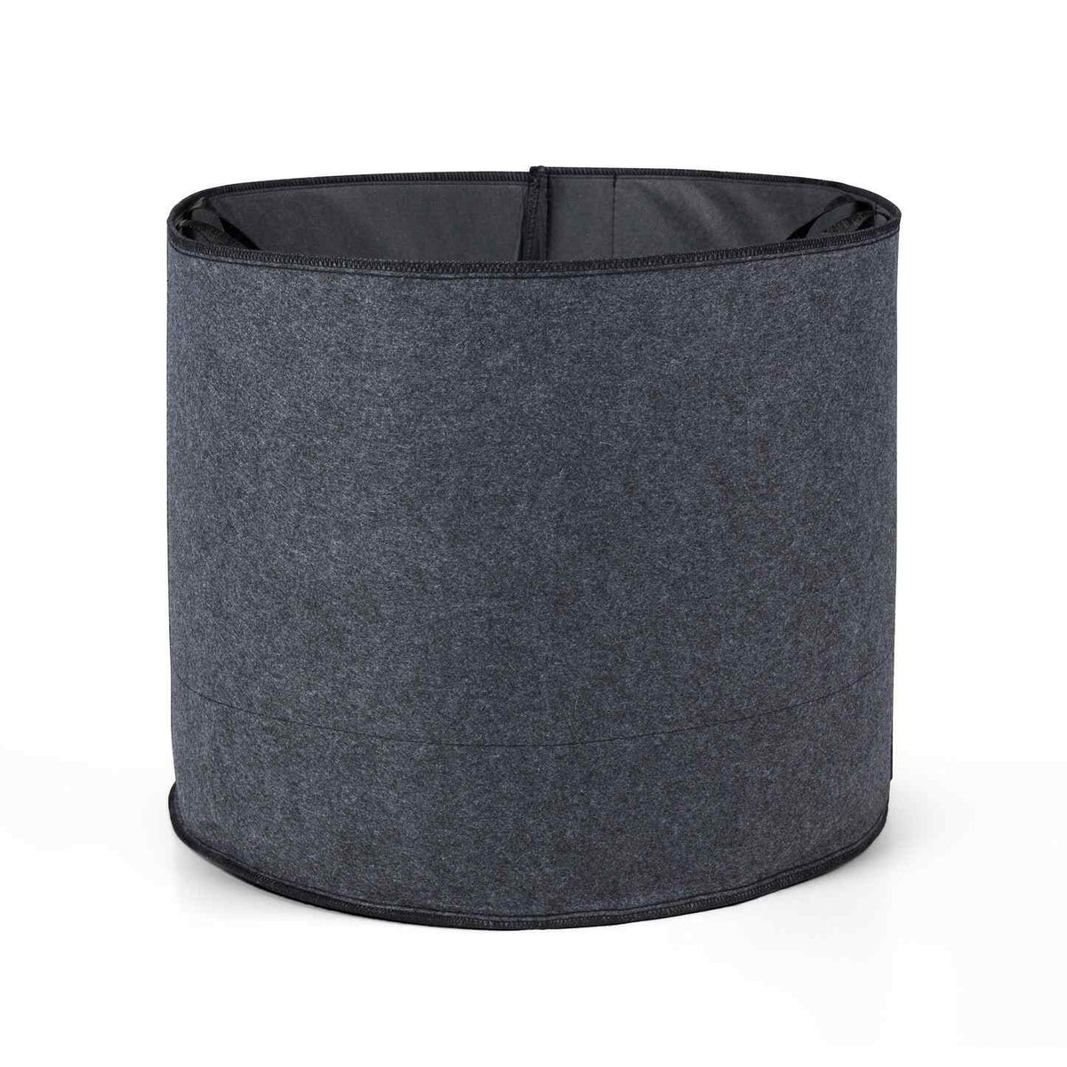 Empty round dark grey fabric grow bag with black stitched rim, shown standing open on a plain white background.