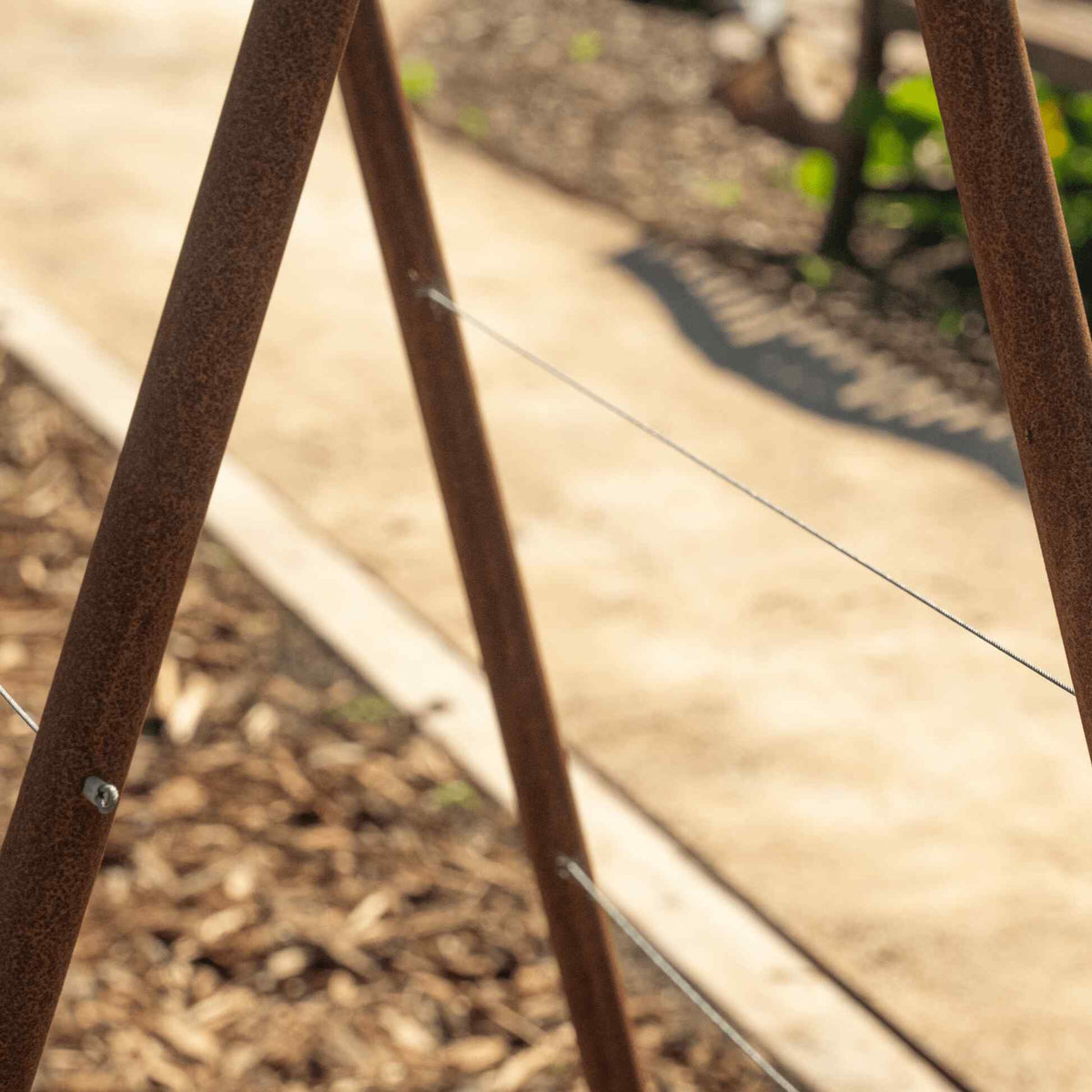 Close-up view of the weathered rust-colored metal corner frame and thin horizontal wire support of a garden trellis against a blurred garden backdrop.