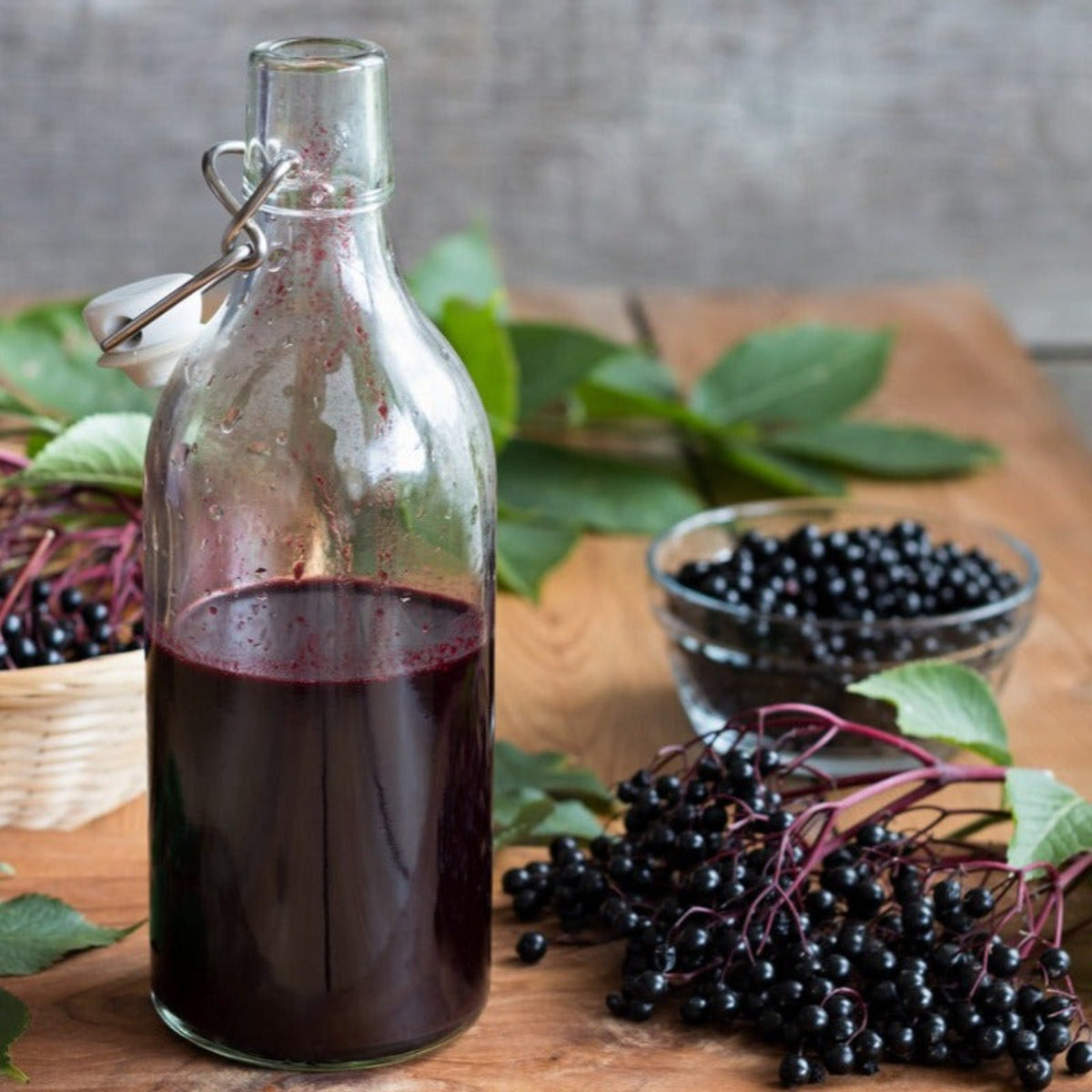 Glass bottle of elderberry syrup alongside fresh dark elderberries on a wooden table.