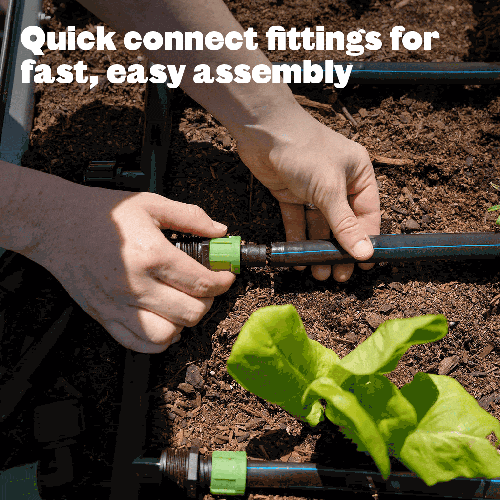 A gif showing how to easily connect fittings of the epic gardening irrigation system. 