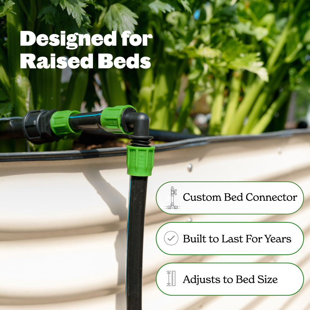 Garden irrigation system with customizable bed connector for raised beds, set against a background of green plants.