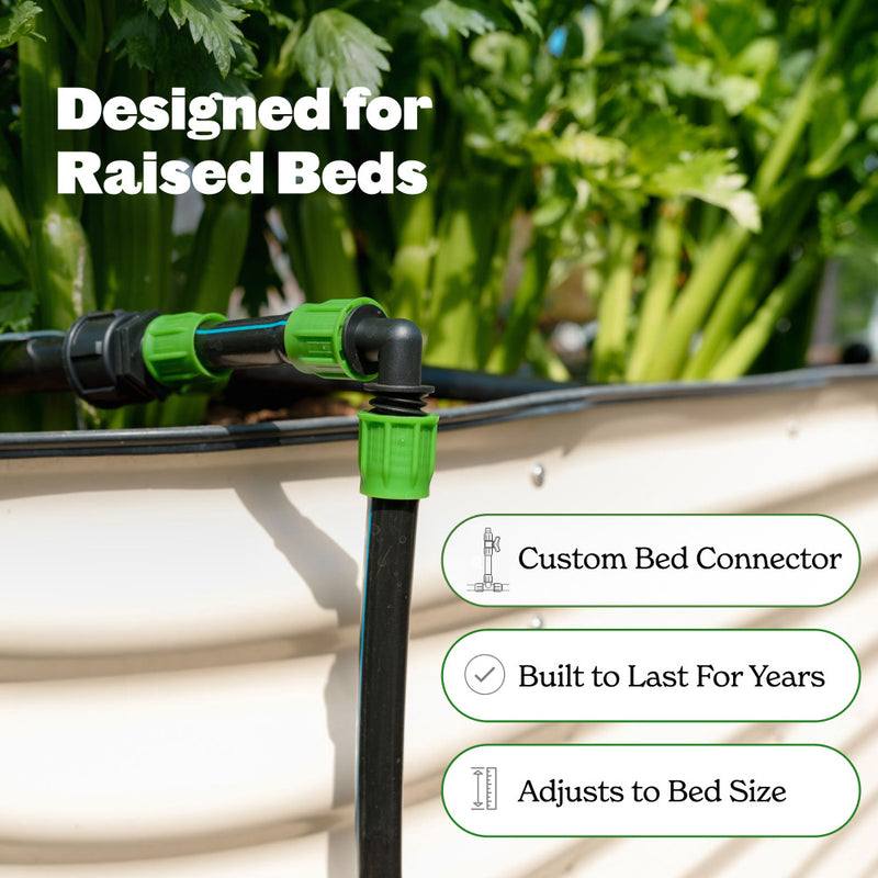 Garden irrigation system with customizable bed connector for raised beds, set against a background of green plants.