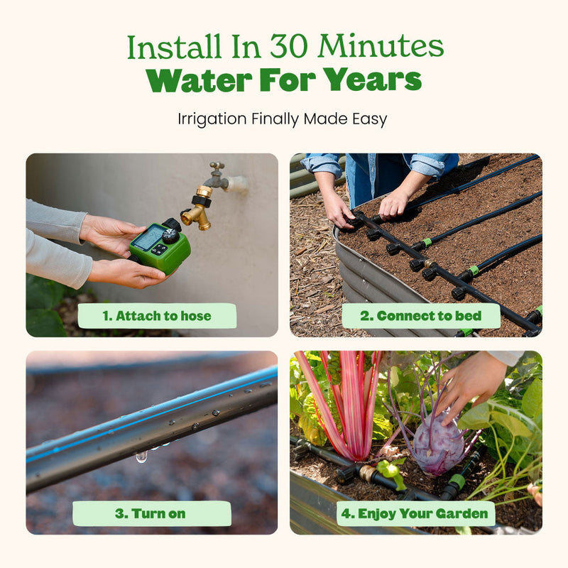 Step-by-step guide on installing a epic gardening irrigation system with text 'Install In 30 Minutes Water For Years'.