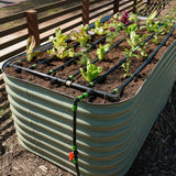 Raised garden bed with plants and epic gardening irrigation system