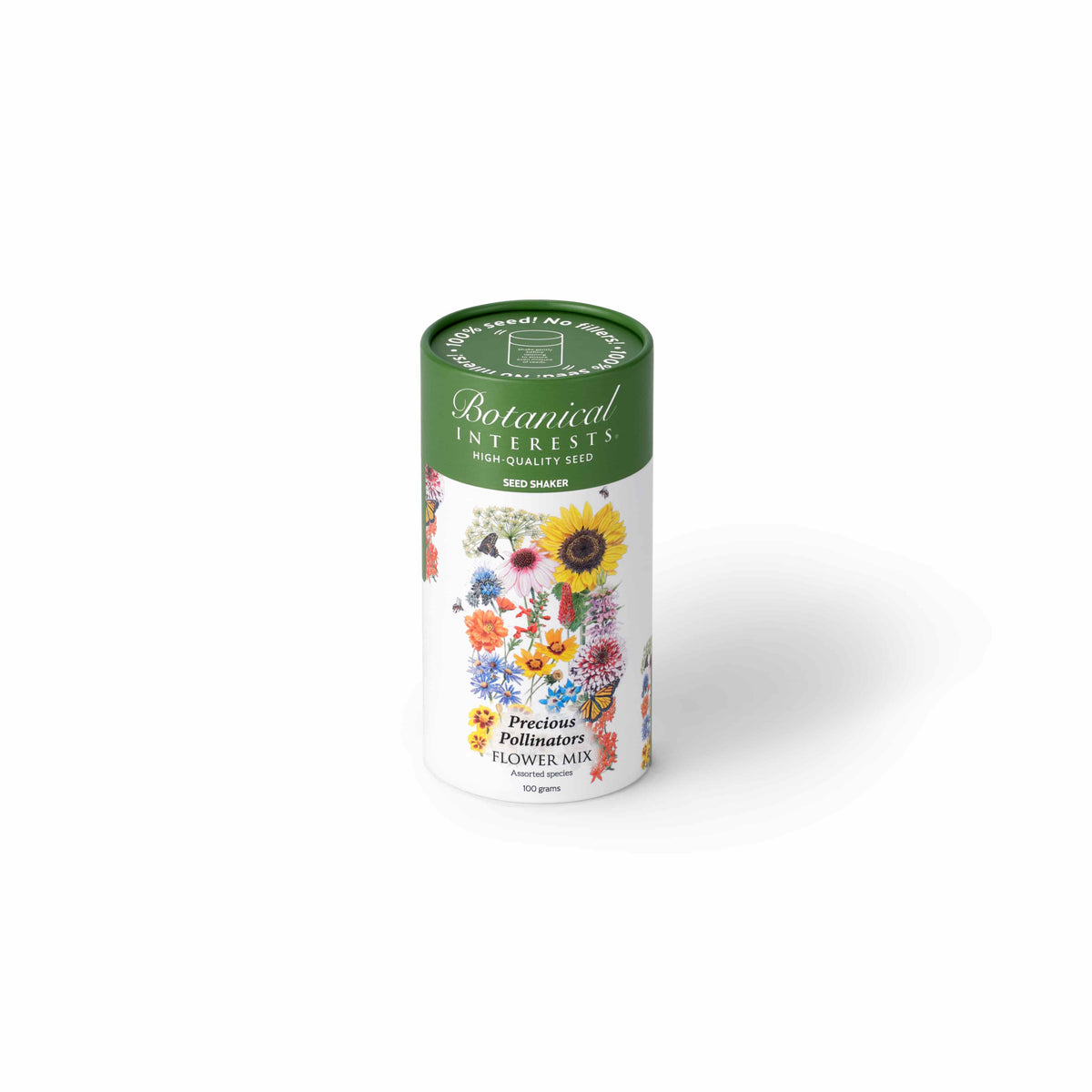 An angled, standalone view of a Botanical Interests Precious Pollinators Flower Mix 100-gram seed shaker tube on a plain white background, highlighting its green branded lid and colorful floral illustration