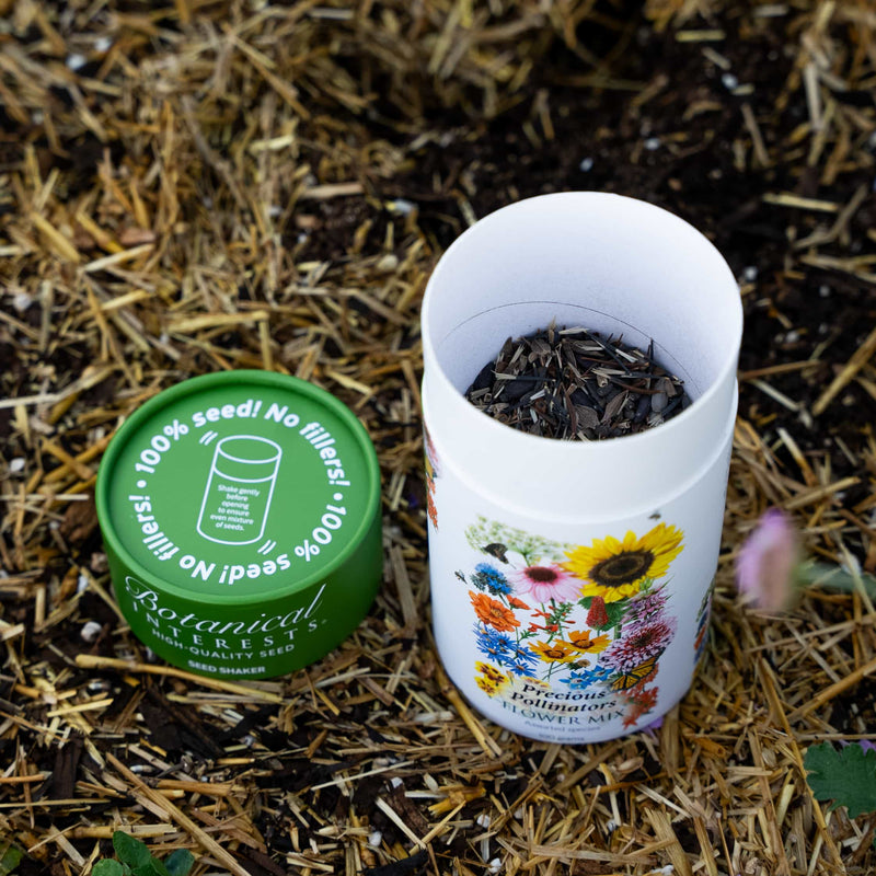 Open Botanical Interests Precious Pollinators seed shaker tube next to its green lid on straw mulch.