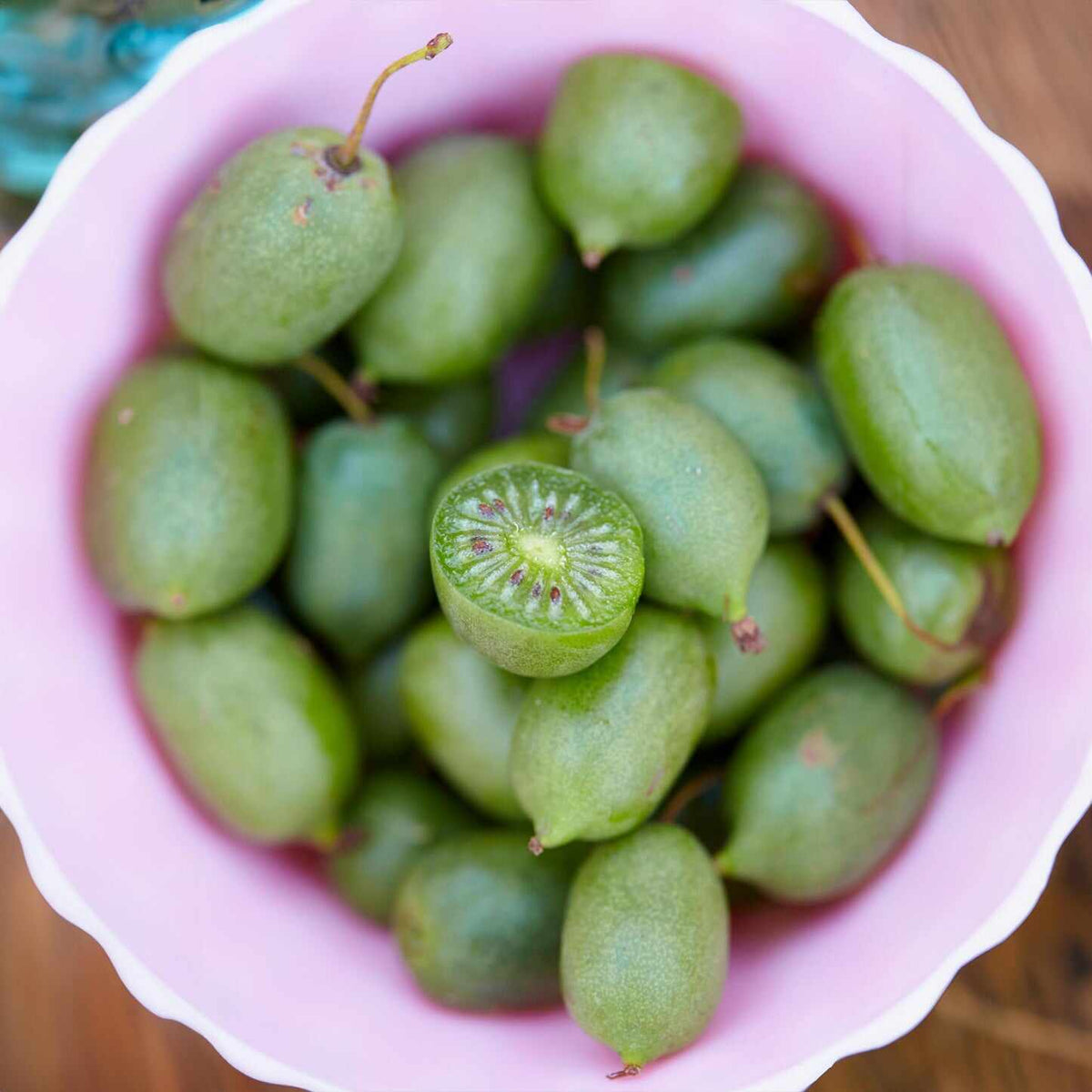 Fresh whole and sliced Prolific Kiwis in a pink bowl on a wooden surface.