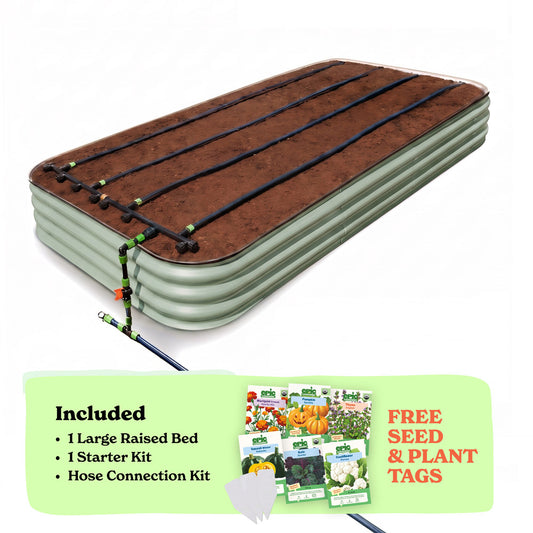 A raised garden bed in mist green color filled with soil, shown with drip irrigation tubing laid across the top. A light green promotional banner at the bottom lists included items: 1 15-inch tall large raised bed, 1 starter kit, and hose connection kit, with a small image of seed packets and the text 'Free Seed & Plant Tags'.