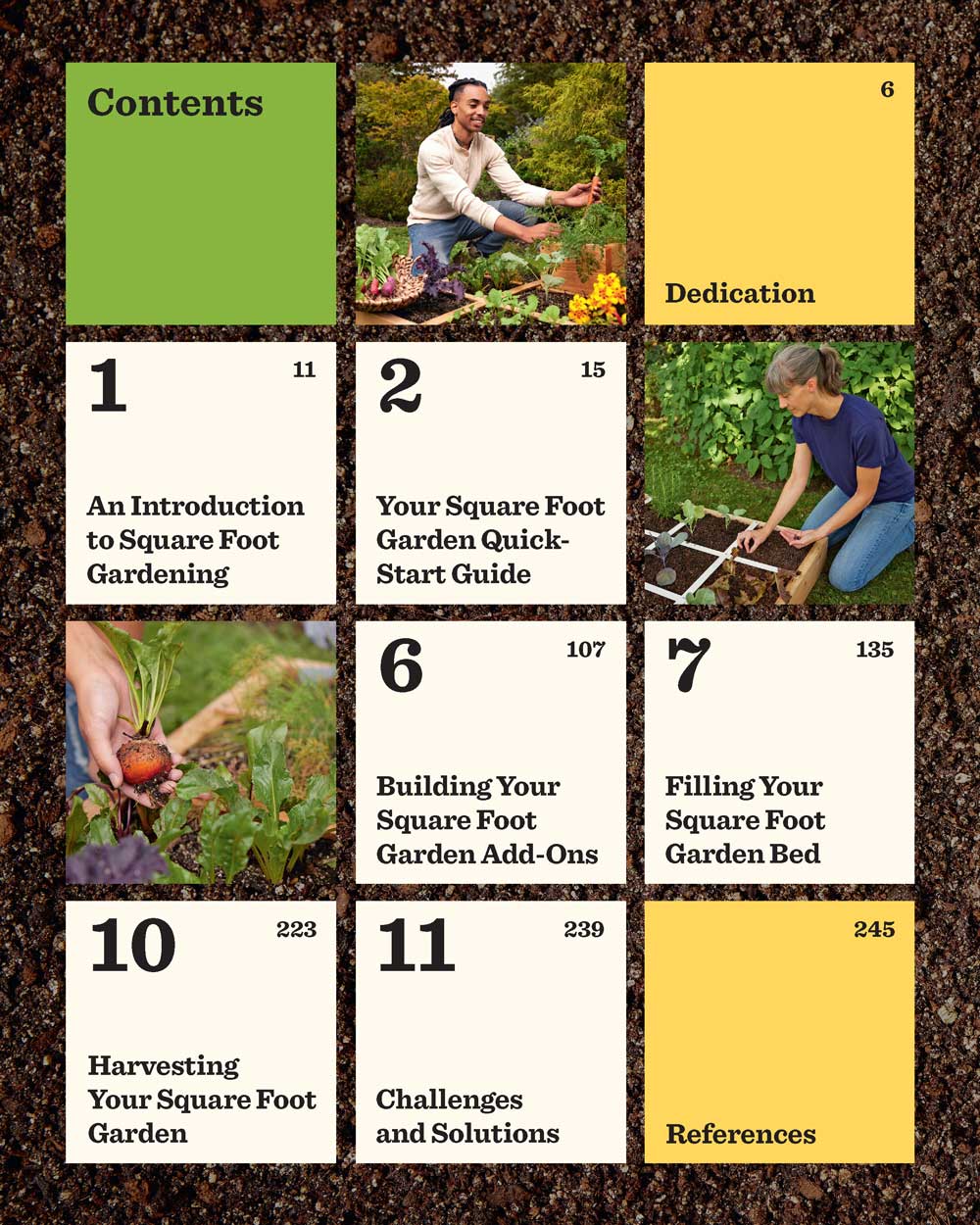 Contents page for a Square Foot Gardening book laid out in a soil-textured grid, listing eleven chapters such as an introduction, quick-start guide, building add-ons, filling beds, harvesting and troubleshooting, alongside photos of a man harvesting vegetables, a woman marking a grid bed with string, and hands holding a freshly pulled beet.
