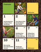 Contents page for a Square Foot Gardening book laid out in a soil-textured grid, listing eleven chapters such as an introduction, quick-start guide, building add-ons, filling beds, harvesting and troubleshooting, alongside photos of a man harvesting vegetables, a woman marking a grid bed with string, and hands holding a freshly pulled beet.