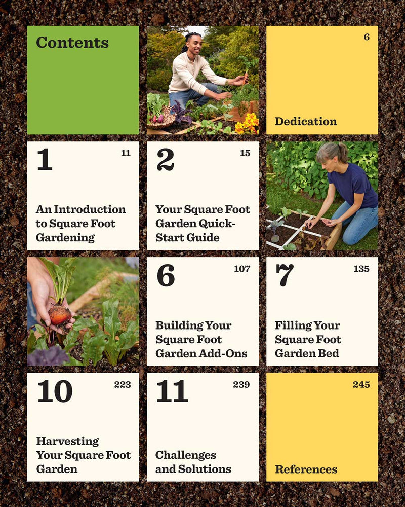Contents page for a Square Foot Gardening book laid out in a soil-textured grid, listing eleven chapters such as an introduction, quick-start guide, building add-ons, filling beds, harvesting and troubleshooting, alongside photos of a man harvesting vegetables, a woman marking a grid bed with string, and hands holding a freshly pulled beet.