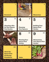 Table of contents grid for the Square Foot Gardening book, listing chapters like Foreword, Choosing a Site, Planning Your Squares, Building, Planting and Maintaining Your Square Foot Garden, with page numbers, interspersed with photos of a drill on wood, hands laying wooden squares over soil, and a harvested basket of radishes and greens.