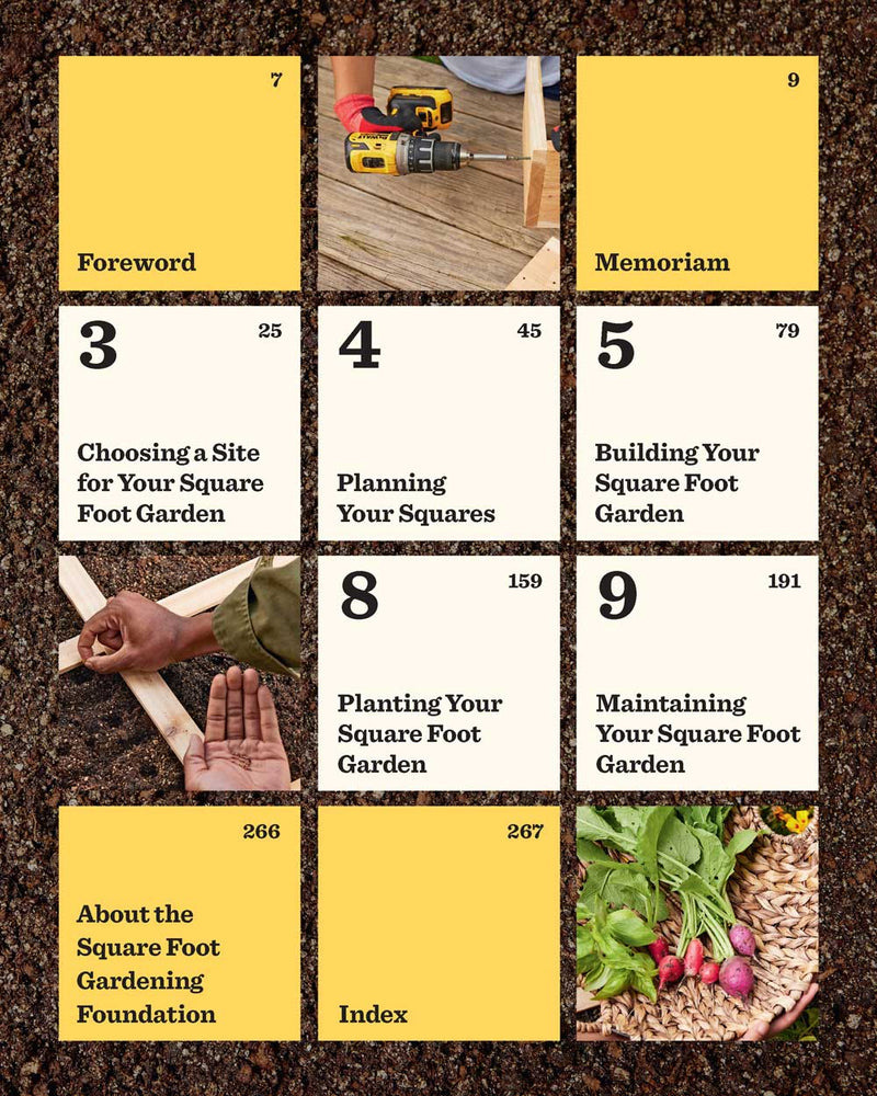Table of contents grid for the Square Foot Gardening book, listing chapters like Foreword, Choosing a Site, Planning Your Squares, Building, Planting and Maintaining Your Square Foot Garden, with page numbers, interspersed with photos of a drill on wood, hands laying wooden squares over soil, and a harvested basket of radishes and greens.